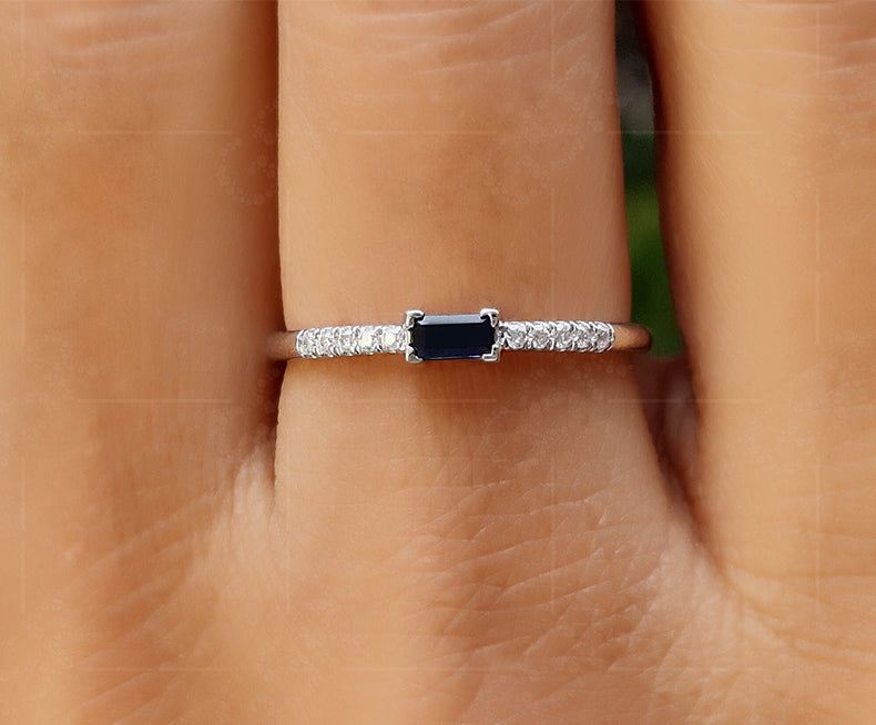 Elegant Sapphire Baguette Ring - Dainty September Birthstone Stacking Beauty - Minimalist Rings for Women - Anniversary Ring for Mom