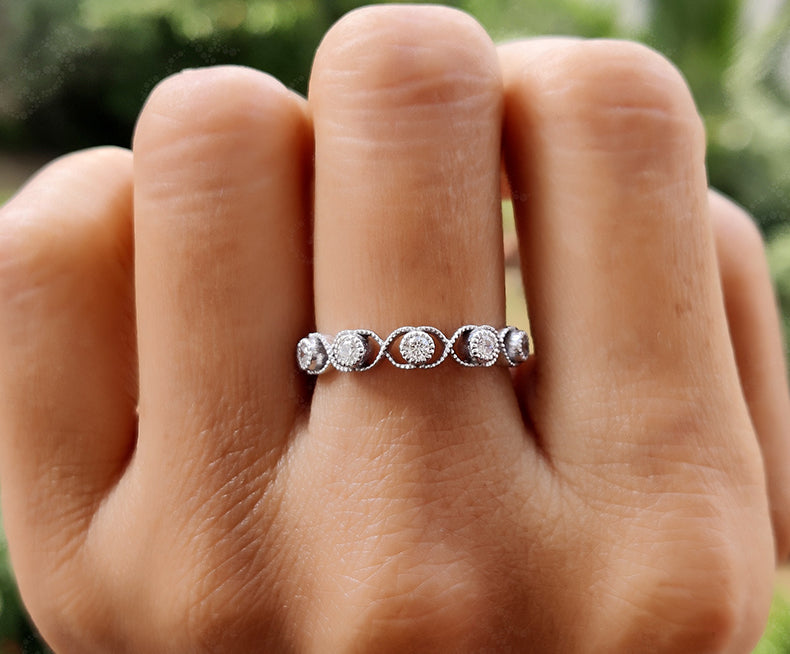 Elegant Silver and Gold Vintage Ring - Round Colorless Moissanite Infinity Wedding Beauty - Delicate Minimalist Band - Art Deco Stackable Ring - Gift for Her