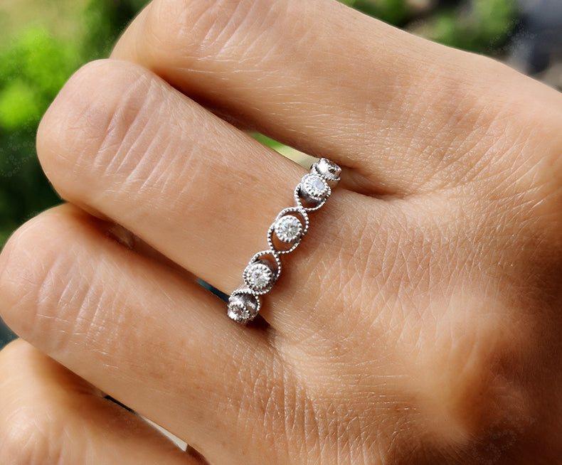 Elegant Silver and Gold Vintage Ring - Round Colorless Moissanite Infinity Wedding Beauty - Delicate Minimalist Band - Art Deco Stackable Ring - Gift for Her