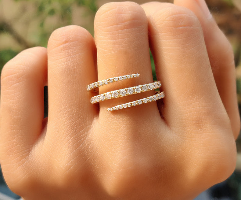 Elegant Silver and Solid Gold Graduated Round Moissanite 3 Row Crossover Open Spiral Dainty Twisted Ring for Women