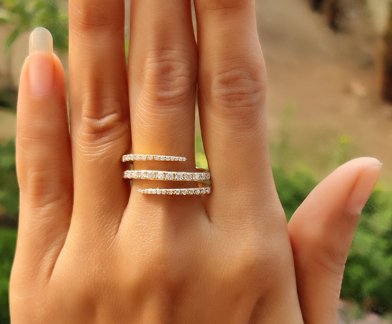 Elegant Silver and Solid Gold Graduated Round Moissanite 3 Row Crossover Open Spiral Dainty Twisted Ring for Women - Gelson World - Premium Silver and Gold Jewelry for USA Shoppers