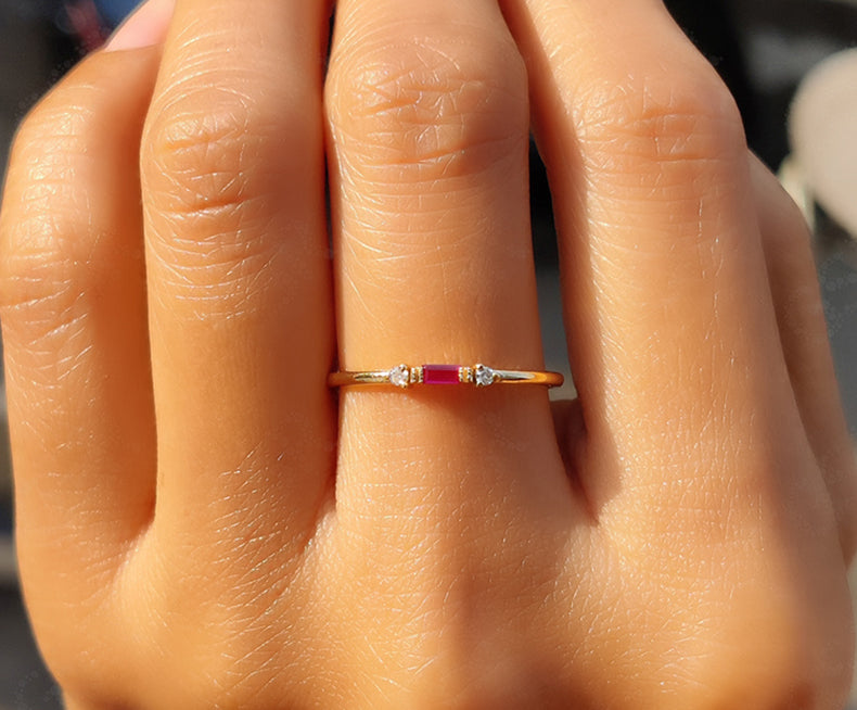 Elegant Stackable Birthstone Rings - Silver and Gold Ruby Beauty - Baguette Ruby Stacking Ring, Ideal Minimalist Ruby Ring with Three-Stone Ruby Promise