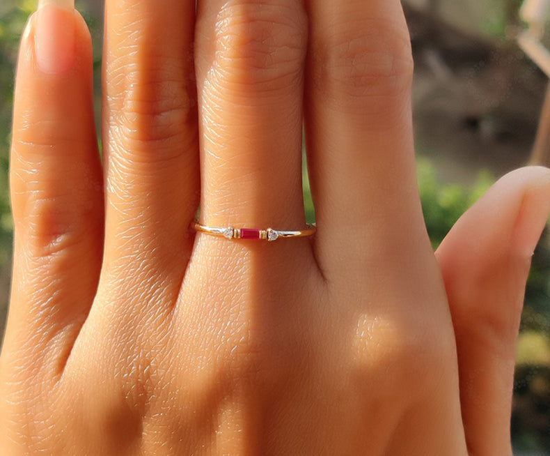 Elegant Stackable Birthstone Rings - Silver and Gold Ruby Beauty - Baguette Ruby Stacking Ring, Ideal Minimalist Ruby Ring with Three-Stone Ruby Promise