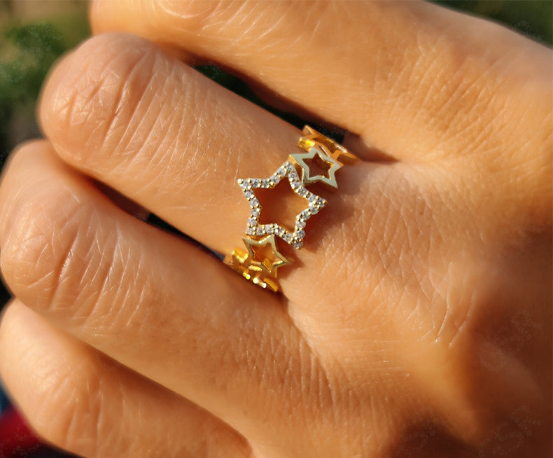 Elegant Star Shape Full Eternity Ring - Dainty Moissanite Band - Silver and Gold Stacking Beauty - Minimalist Wedding Ring and Star Women Jewelry