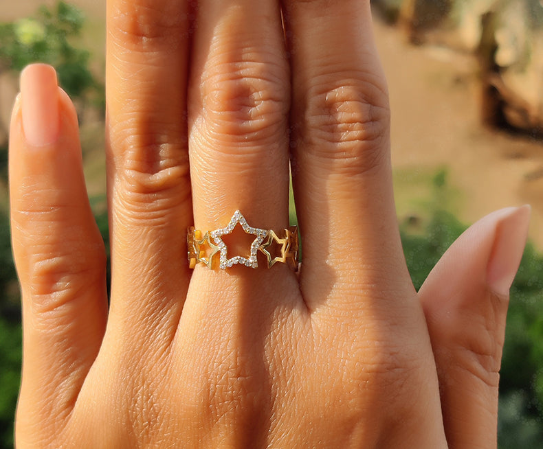 Elegant Star Shape Full Eternity Ring - Dainty Moissanite Band - Silver and Gold Stacking Beauty - Minimalist Wedding Ring and Star Women Jewelry
