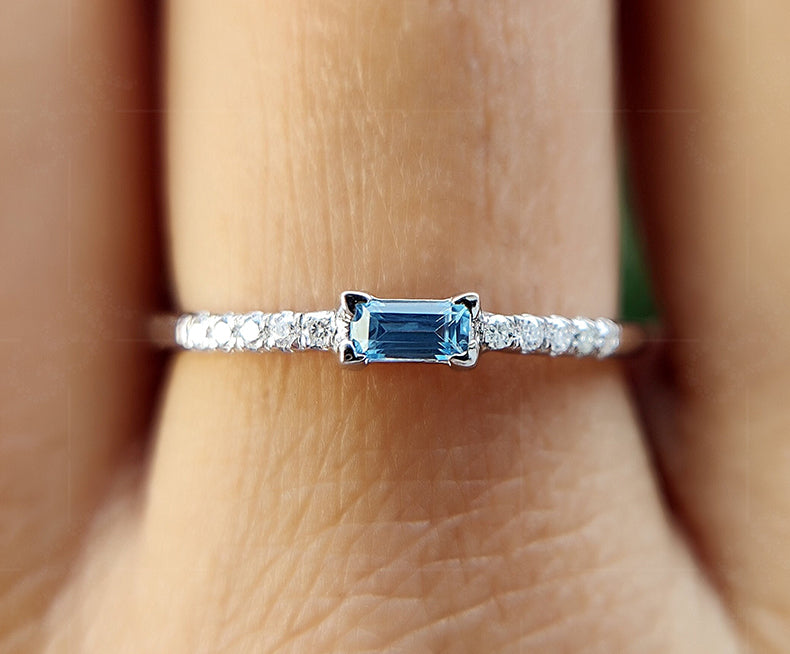 Elegant Swiss Blue Topaz Baguette Ring - December Birthstone Stacking Ring, a Dainty Minimalist Beauty - Delicate Gold Stackable Ring for Women