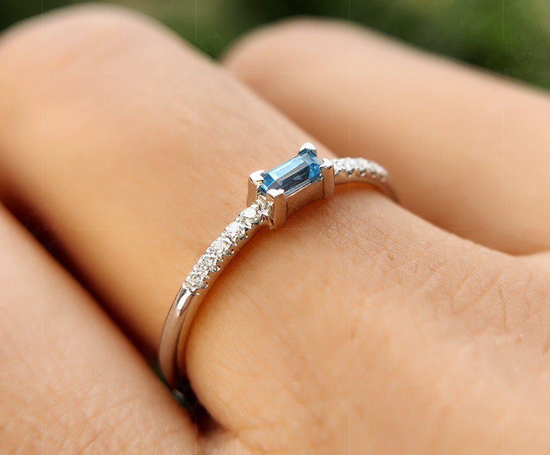 Elegant Swiss Blue Topaz Baguette Ring - December Birthstone Stacking Ring, a Dainty Minimalist Beauty - Delicate Gold Stackable Ring for Women