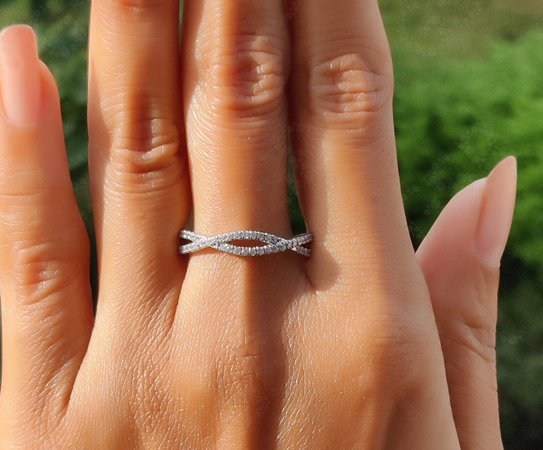 Elegant Twist Wedding Band - Silver and Gold Infinity Anniversary Ring with Colorless Moissanite - Criss Cross Eternity Stackable Beauty for Women
