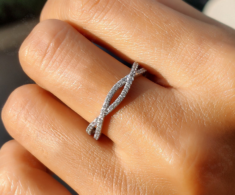 Elegant Twist Wedding Band - Silver and Gold Infinity Anniversary Ring with Colorless Moissanite - Criss Cross Eternity Stackable Beauty for Women