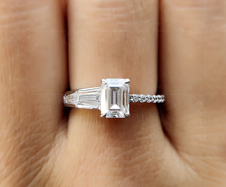 Elegant Unique Emerald Cut Solitaire Engagement Ring - Moissanite Beauty with Art Deco Style - Perfect Anniversary Ring for Women