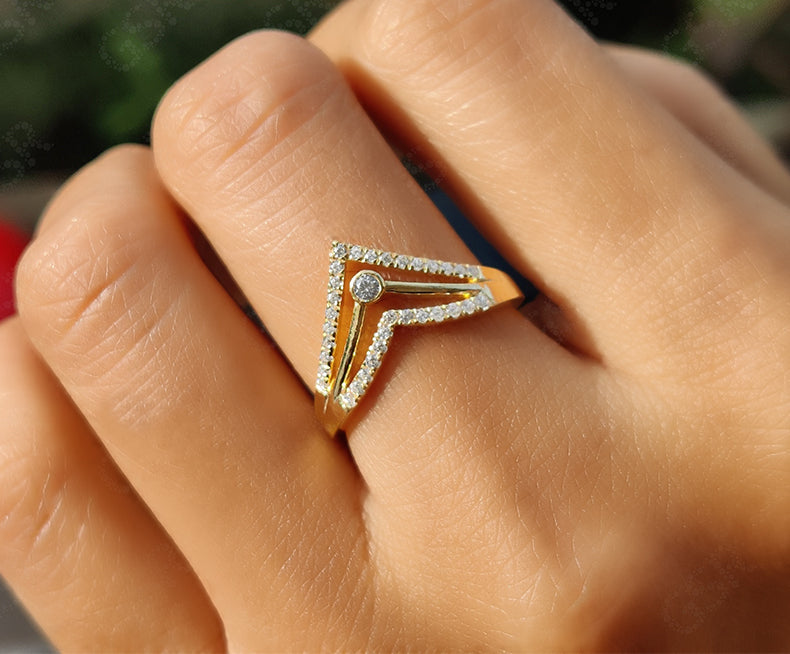 Elegant V Ring Set - Chevron Moissanite Wedding Beauty - Silver and Yellow Gold - Dainty Promise Ring and Anniversary Gift