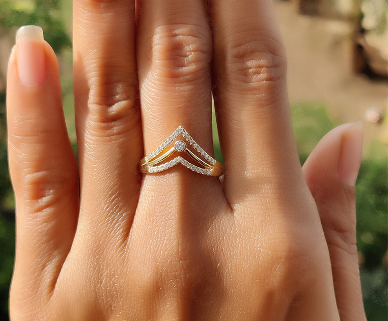Elegant V Ring Set - Chevron Moissanite Wedding Beauty - Silver and Yellow Gold - Dainty Promise Ring and Anniversary Gift