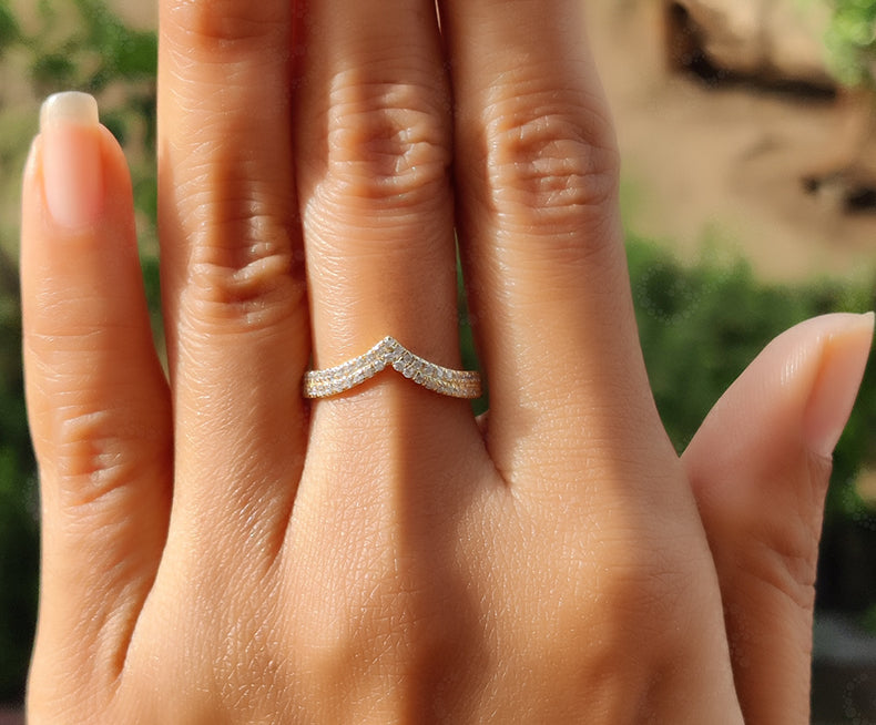 Elegant V Ring Set - Chevron Round Moissanite Wedding Beauty - Silver and Yellow Gold - Dainty Promise Ring and Anniversary Ring