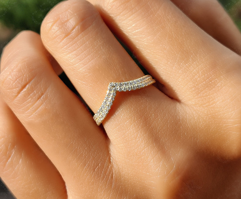 Elegant V Ring Set - Chevron Round Moissanite Wedding Beauty - Silver and Yellow Gold - Dainty Promise Ring and Anniversary Ring