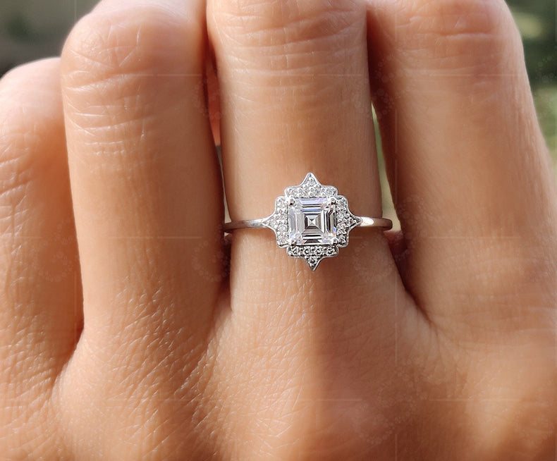 Elegant Vintage Art Deco Engagement Ring - Asscher Cut Moissanite Beauty - Silver and Gold Stackable Ring, a Dainty and Minimalist Gold Ring