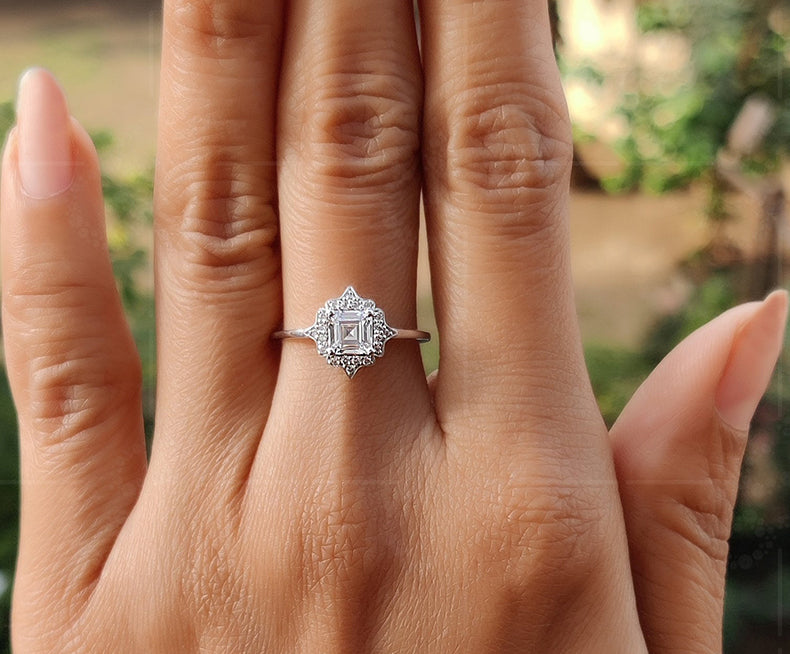 Elegant Vintage Art Deco Engagement Ring - Asscher Cut Moissanite Beauty - Silver and Gold Stackable Ring, a Dainty and Minimalist Gold Ring