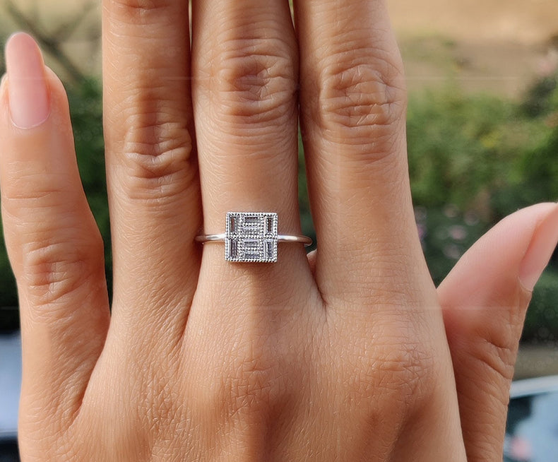 Elegant Vintage Art Deco Engagement Ring - Baguette Moissanite Beauty - Silver and Gold Stackable Ring, a Dainty Minimalist Gold Ring