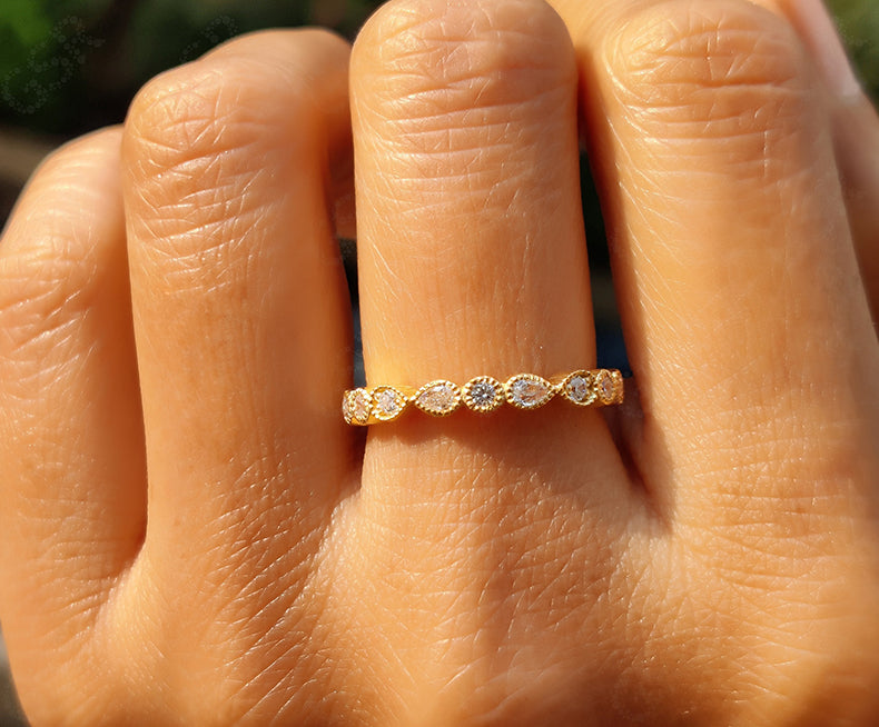 Elegant Vintage Wedding Band - Dainty Stacking Ring with Round & Pear Moissanite - Silver and Gold Half Eternity Anniversary Ring