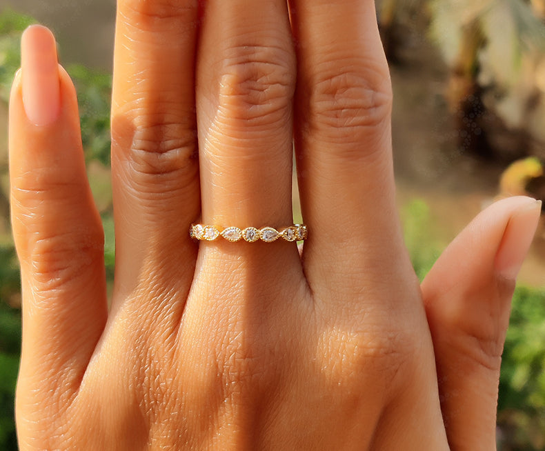 Elegant Vintage Wedding Band - Dainty Stacking Ring with Round & Pear Moissanite - Silver and Gold Half Eternity Anniversary Ring