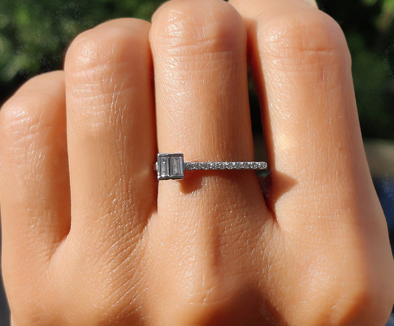 Exquisite Baguette Moissanite Wedding Ring - Silver and Gold Stacking Beauty with Unique Design - Ideal Promise, Matching Band, or Anniversary Gift for Her