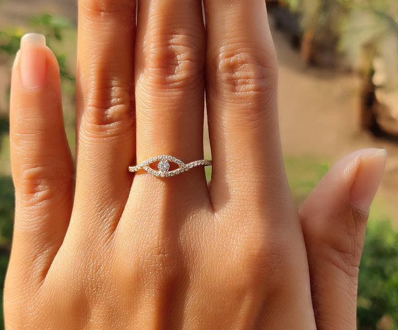 Gold Evil Eye Ring - Dainty Moissanite Stackable Minimalist Ring for Women