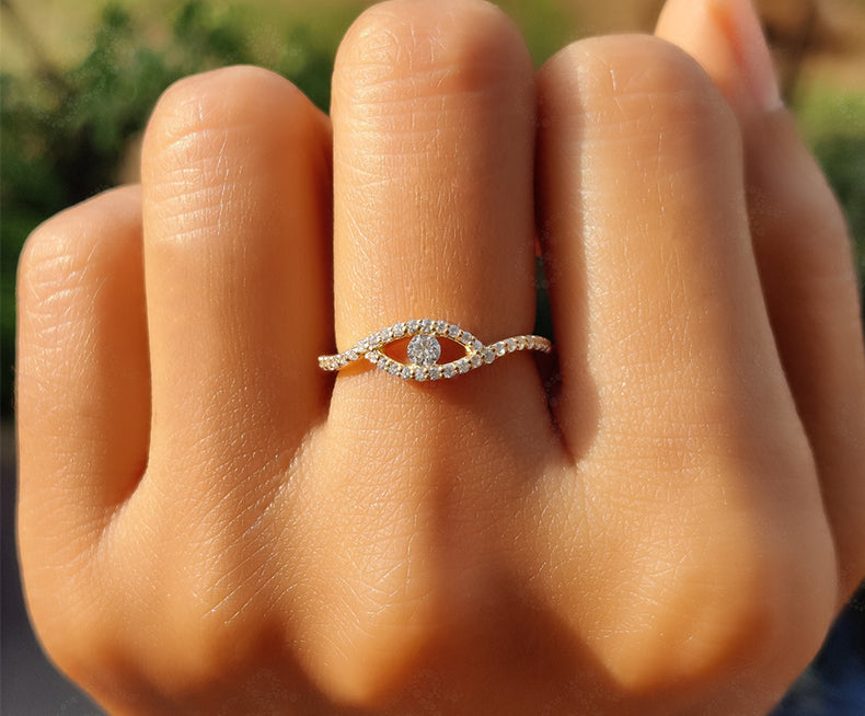 Gold Evil Eye Ring - Dainty Moissanite Stackable Minimalist Ring for Women