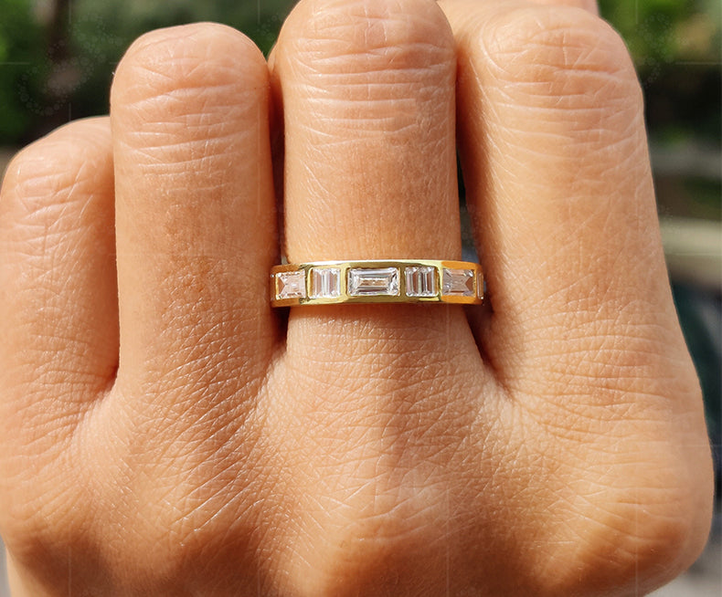 Half Eternity Baguette Wedding Ring in Silver and Gold - Moissanite Women's Band for Anniversaries and Bridal Jewelry