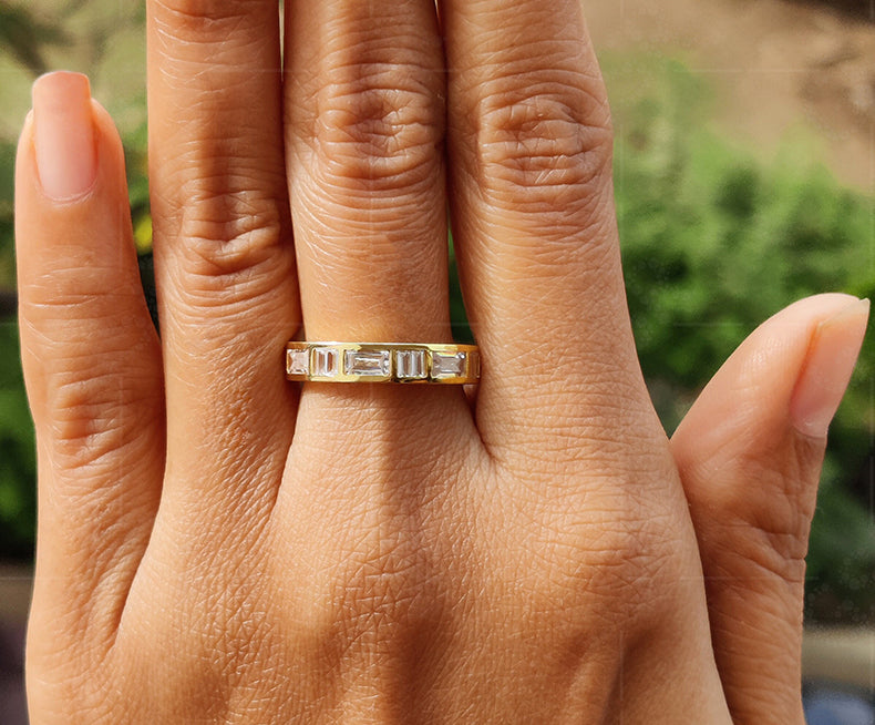 Half Eternity Baguette Wedding Ring in Silver and Gold - Moissanite Women's Band for Anniversaries and Bridal Jewelry