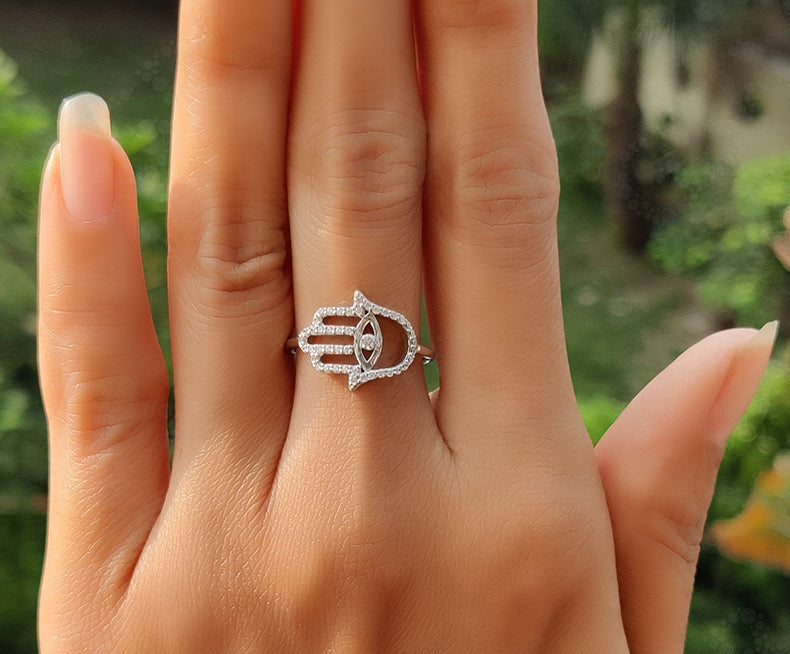 Hamsa Moissanite Ring - Silver and Gold Stacking Ring for Good Luck and Style