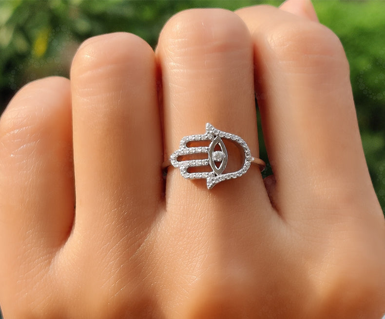 Hamsa Moissanite Ring - Silver and Gold Stacking Ring for Good Luck and Style