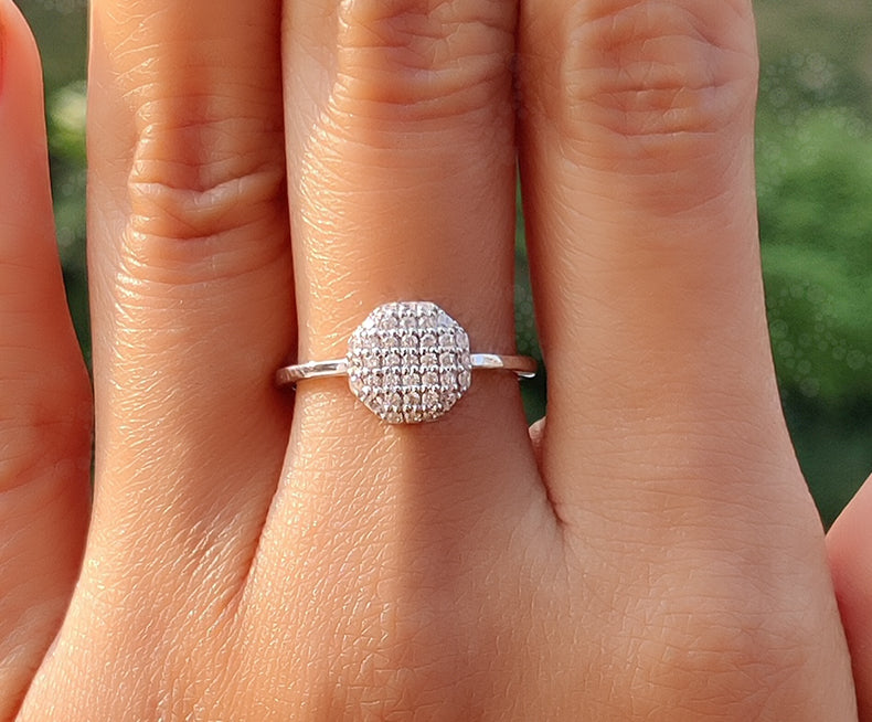 Hexagonal Elegance: Round Moissanite Dome Cluster Ring in Silver and Solid Gold for Women's Stacking Anniversary