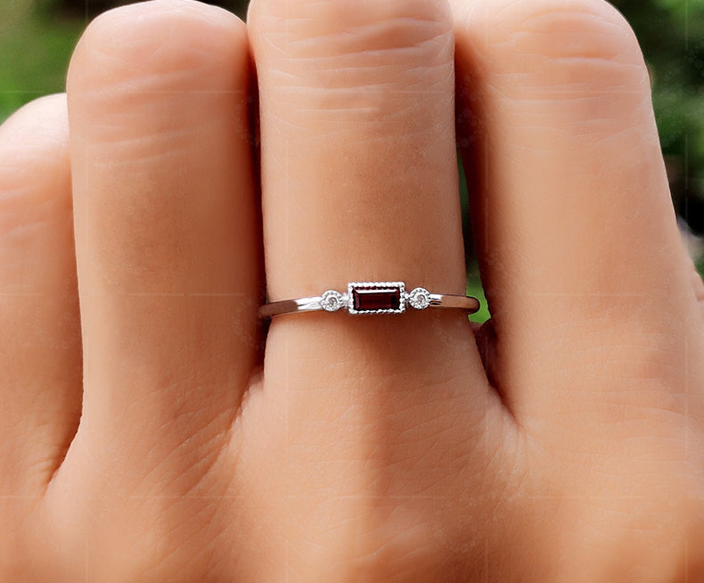 January Birthstone Beauty: Dainty Baguette Garnet Stacking Ring for Mom
