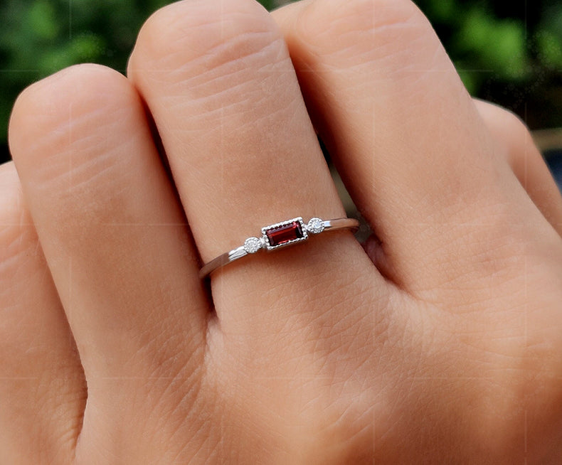 January Birthstone Beauty: Dainty Baguette Garnet Stacking Ring for Mom