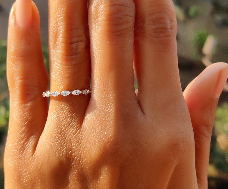 Marquise Moissanite Wedding Band: Floating Full Eternity Ring in Silver and Gold