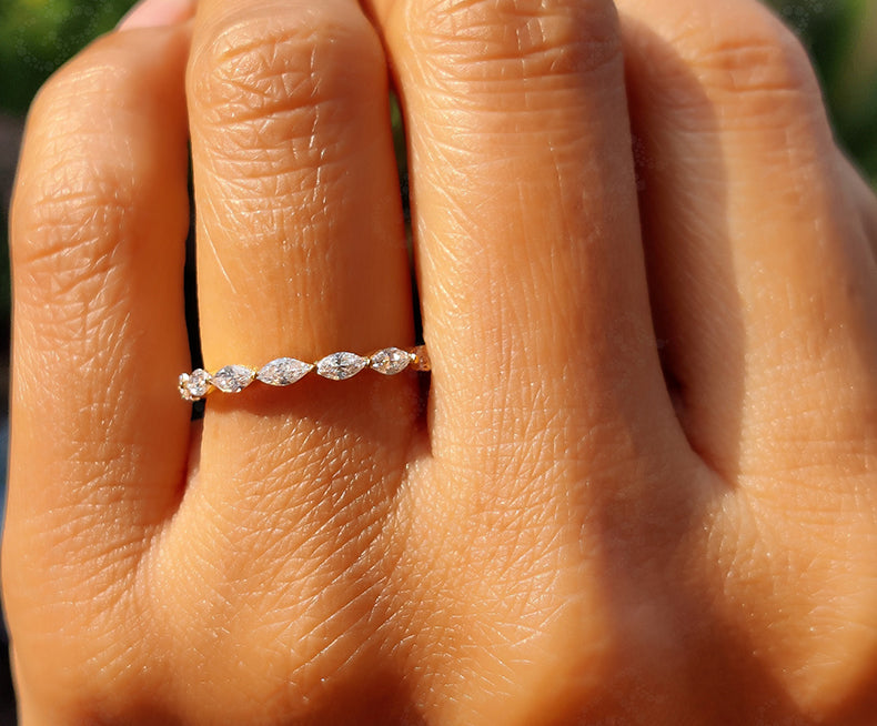 Marquise Moissanite Wedding Band: Floating Full Eternity Ring in Silver and Gold