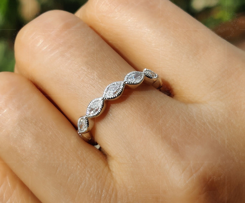 Milgrain Marquise Cut Full Eternity Band: A Dazzling Moissanite Wedding Band for Women, Perfect for Stacking and Promises