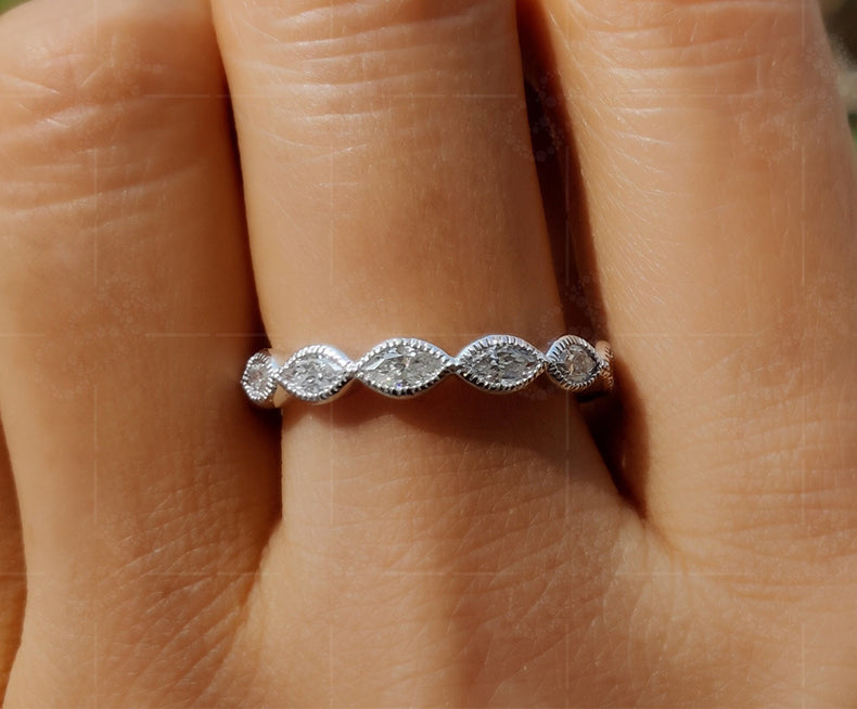 Milgrain Marquise Cut Full Eternity Band: A Dazzling Moissanite Wedding Band for Women, Perfect for Stacking and Promises