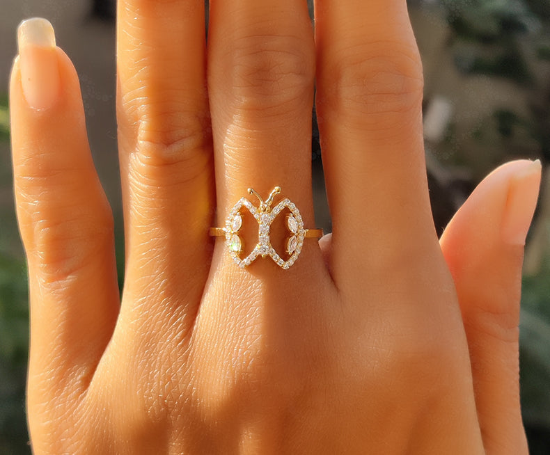 Minimal Butterfly Ring - Silver and Gold Moissanite Stackable Ring - Anniversary Ring - Unique Dainty Minimalist Jewelry