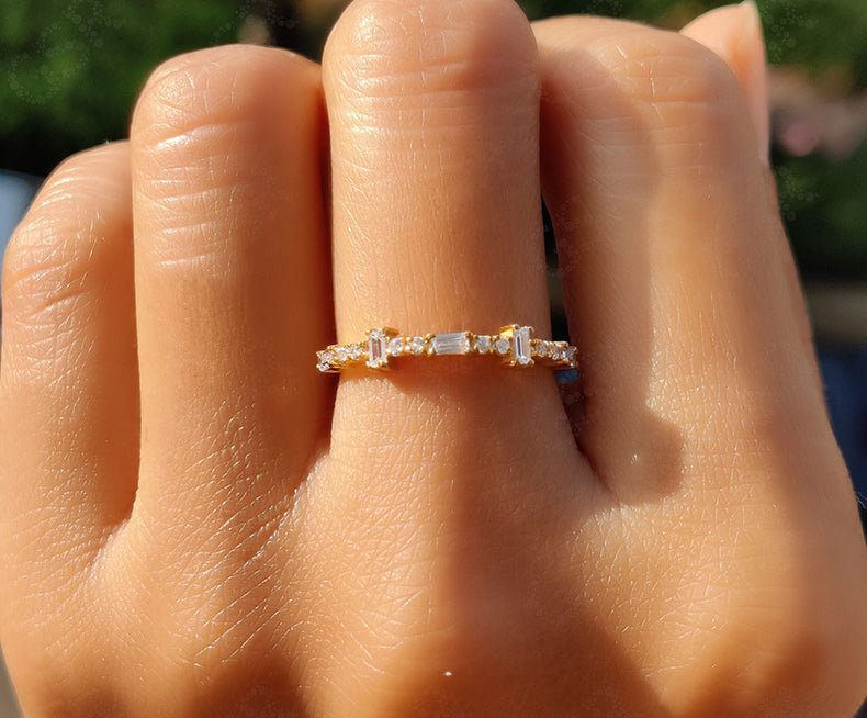 Minimal Moissanite Ring - Dainty Stacking Silver and Gold Band