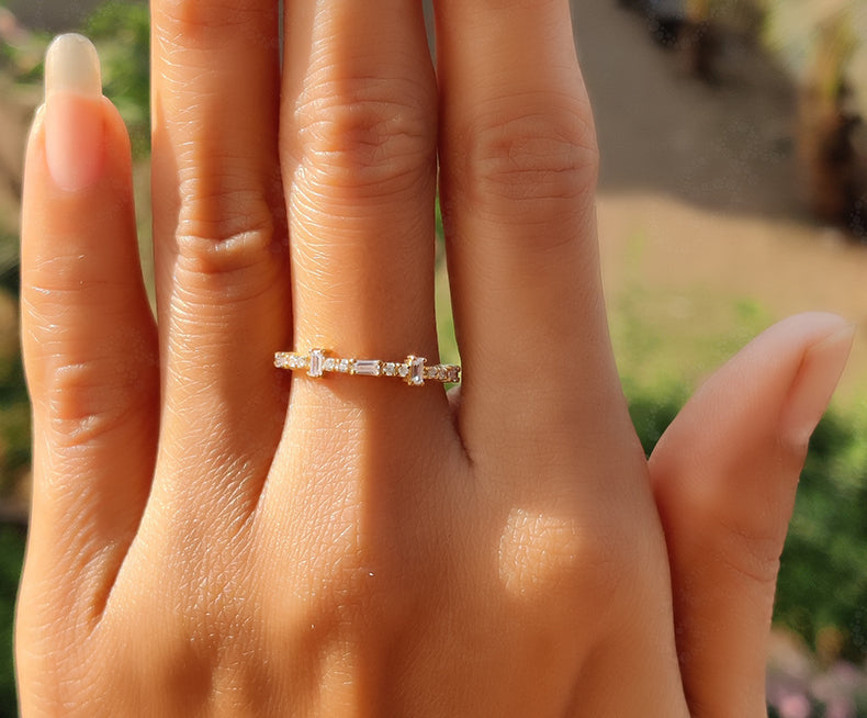 Minimal Moissanite Ring - Dainty Stacking Silver and Gold Band
