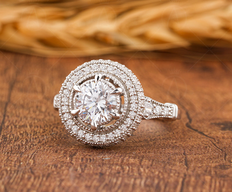 1930s Vintage Filigree Ring, Art Deco Moissanite Ring, Antique Halo Engagement Ring, Unique Milgrain Ring, Promise Rings For Women