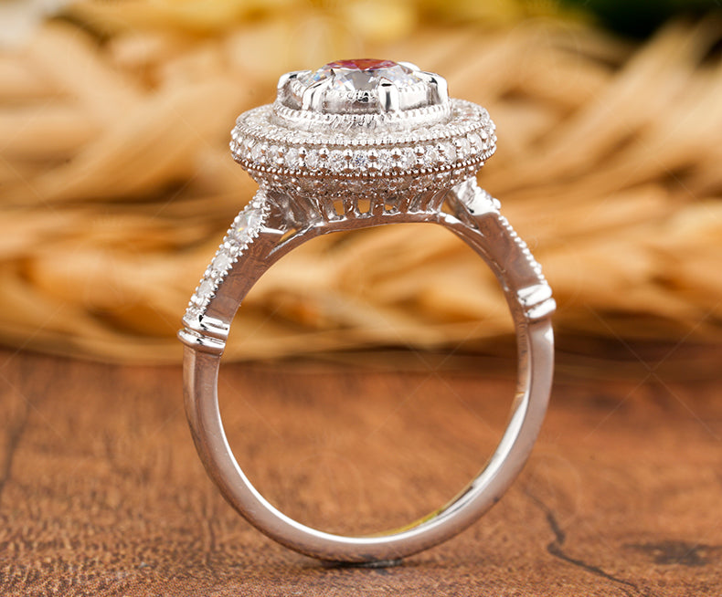 1930s Vintage Filigree Ring, Art Deco Moissanite Ring, Antique Halo Engagement Ring, Unique Milgrain Ring, Promise Rings For Women