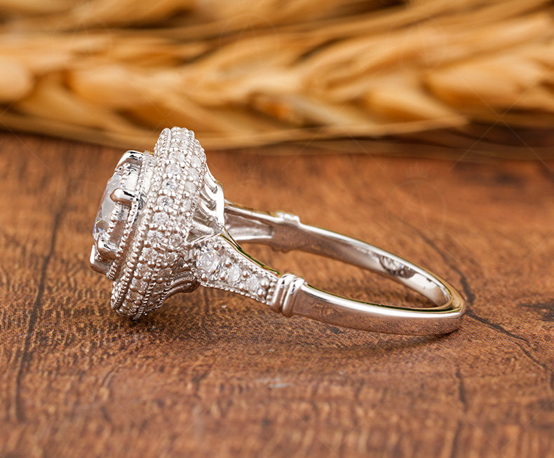 1930s Vintage Filigree Ring, Art Deco Moissanite Ring, Antique Halo Engagement Ring, Unique Milgrain Ring, Promise Rings For Women