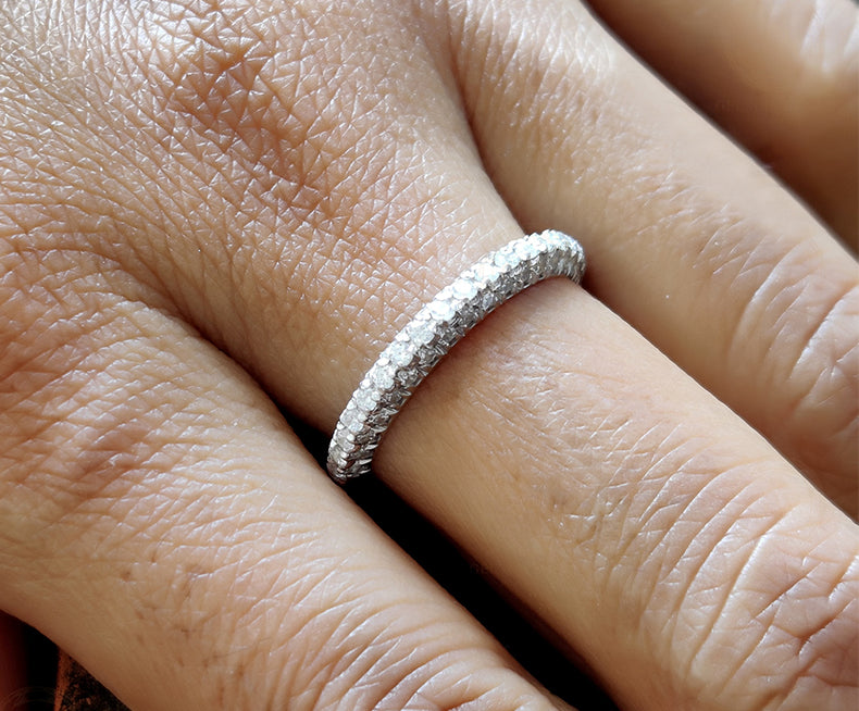 3 Row Dome Wedding Band / 14k Gold Moissanite Stacking Ring / Half Eternity Ring / Micro Pave Anniversary Ring / Stackable Moissanite Band