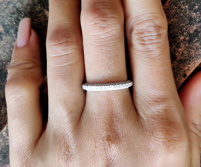 3 Row Dome Wedding Band / 14k Gold Moissanite Stacking Ring / Half Eternity Ring / Micro Pave Anniversary Ring / Stackable Moissanite Band