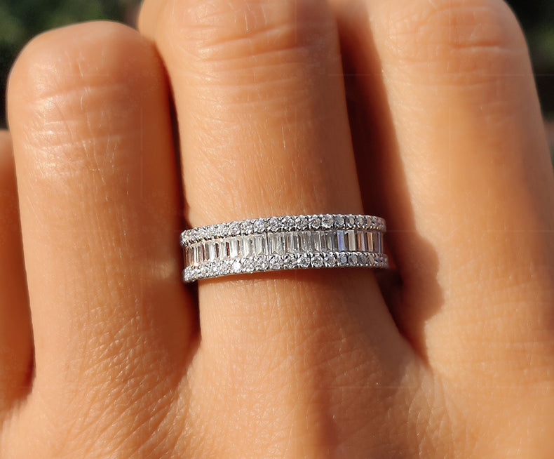 Moissanite Baguette and Round Wedding Bands for Women: Channel Set Anniversary Rings with 3 Rows for Bridal Matching