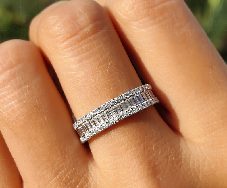 Moissanite Baguette and Round Wedding Bands for Women: Channel Set Anniversary Rings with 3 Rows for Bridal Matching