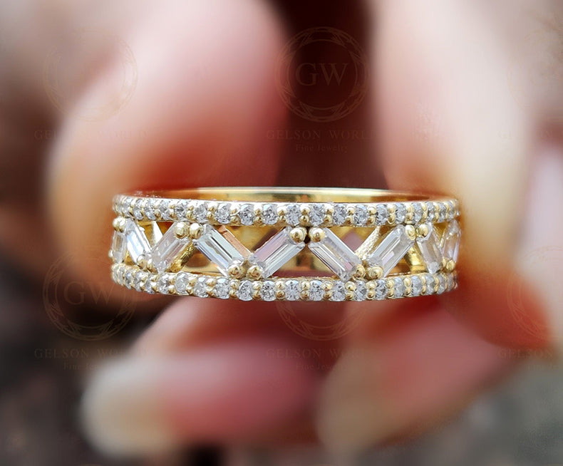 Baguette Moissanite Wedding band, Unique anniversary ring for women, Stacking wide ring, Half Eternity promise ring, Women Bridal Jewelry - Gelson World - Premium Silver and Gold Jewelry for USA Shoppers
