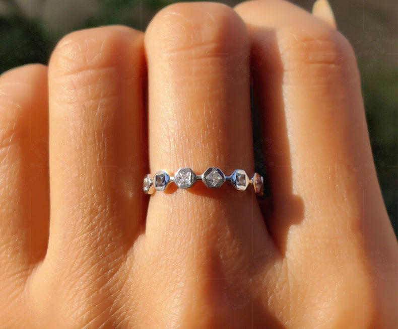 Moissanite Princess Cut Stackable Rings Set for Women - 7 Stone Wedding Anniversary Band, Minimalist Stacking Ring