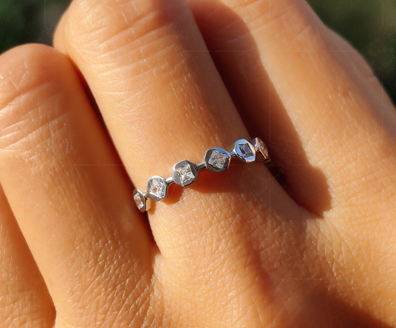 Moissanite Princess Cut Stackable Rings Set for Women - 7 Stone Wedding Anniversary Band, Minimalist Stacking Ring